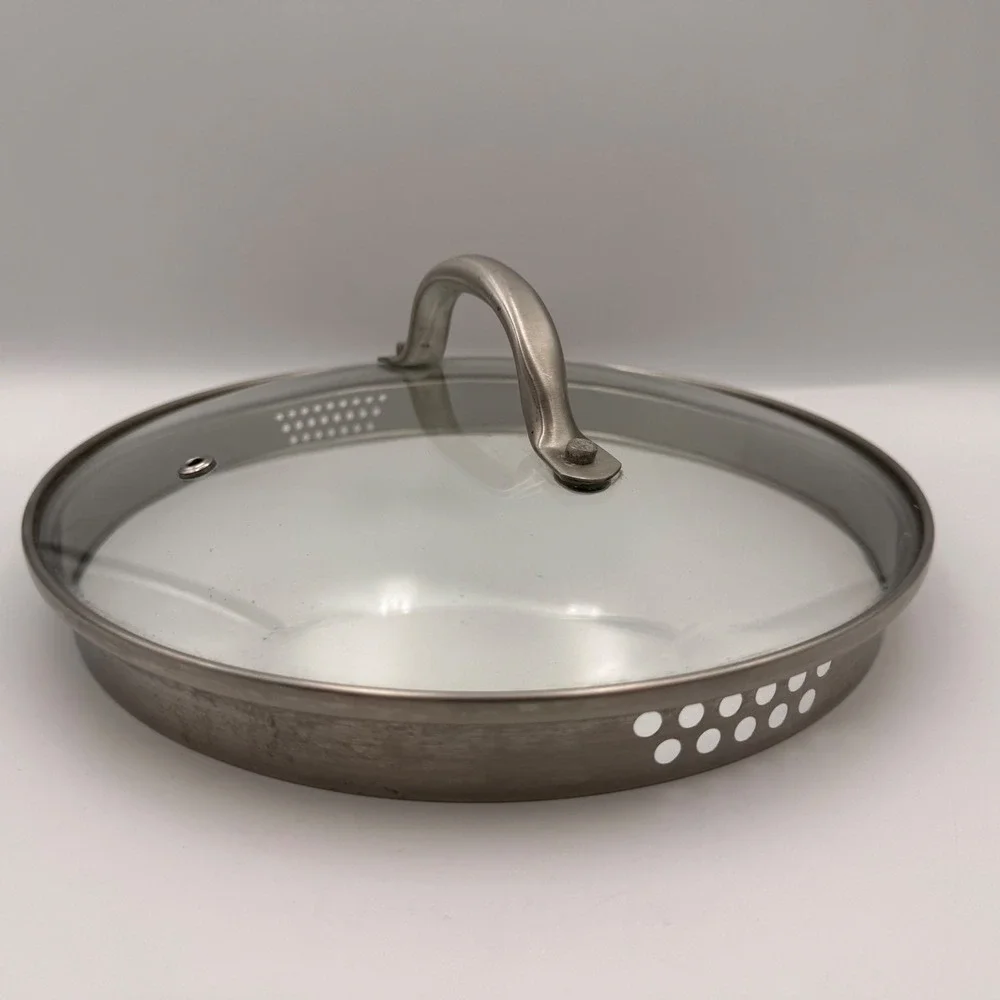 9.25 Inch Tempered Glass Lid with Stainless Steel Rim and Built-in Strainer Hole